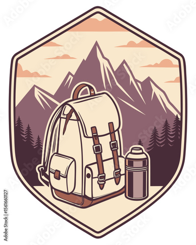 Vintage backpack and thermos against a backdrop of majestic mountains and pine trees