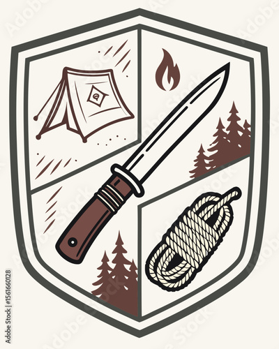Outdoor adventure emblem featuring tent knife fire rope and trees