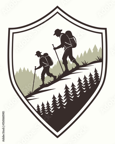 Two hikers with backpacks and poles ascend a mountain slope within a shield emblem