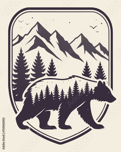 Bear silhouette filled with pine trees and mountains in a shield emblem