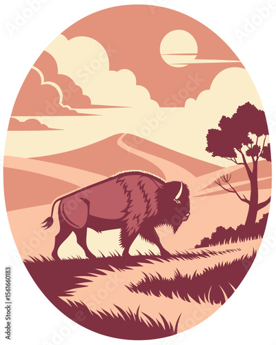 Lone bison walks across a grassy plain under a hazy sun and clouds