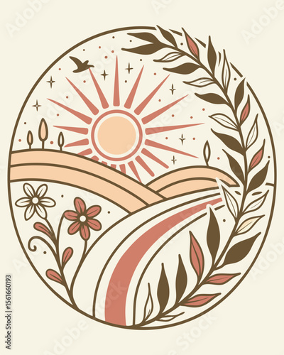 Bohemian sun and rolling hills with flowers and foliage in a circular frame