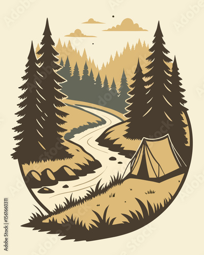 Serene forest scene with a winding river and a tent by the trees