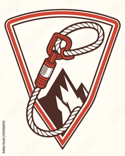 Climbing carabiner and rope emblem with mountain peak in the background