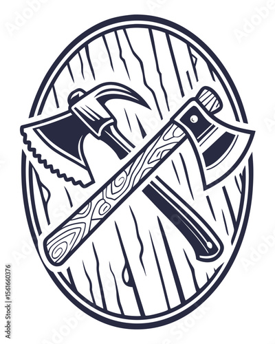 Two crossed axes and a hammer emblem on a wooden shield background
