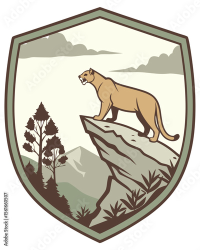 Mountain lion standing on rocky cliff overlooking forest and mountains