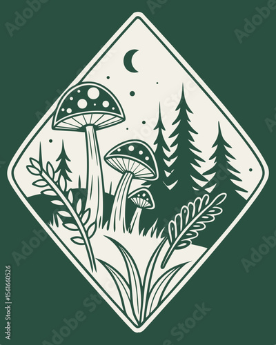 Whimsical forest scene with mushrooms trees and crescent moon at night