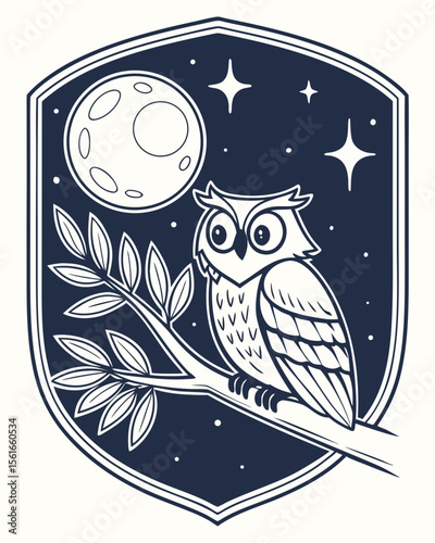 Cute cartoon owl perched on a branch under a full moon and stars