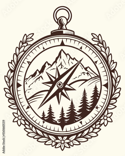 Vintage compass with mountain landscape and pine trees inside a laurel wreath