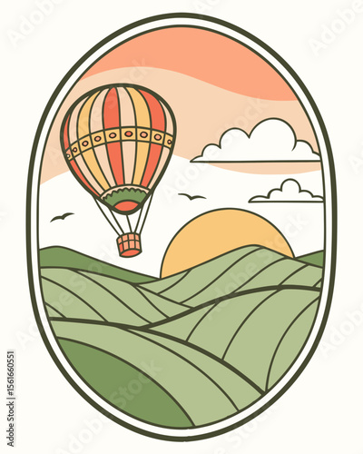 Hot air balloon floating over rolling green hills at sunset with birds flying