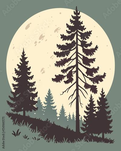 Silhouette of pine trees against a large full moon in a stylized landscape