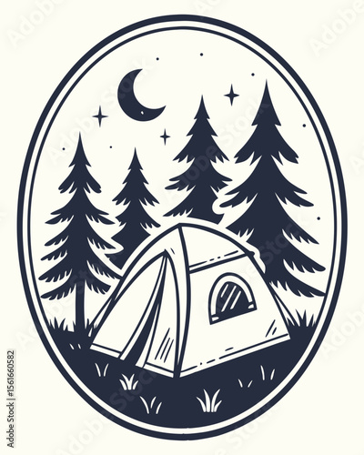Circular illustration of a campsite with a tent pine trees and a crescent moon at night