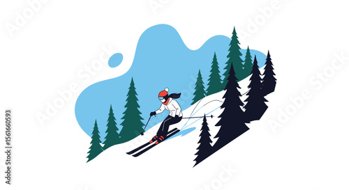 A woman skiing down a snowy mountain slope surrounded by pine trees on a bright winter day