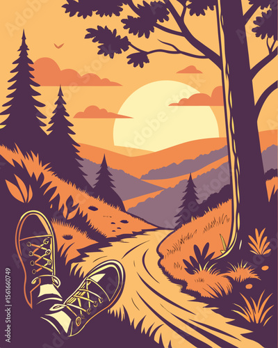 Person resting on a scenic mountain trail at sunset with a view of rolling hills