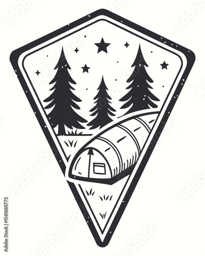 Tent and pine trees under a starry night sky emblem