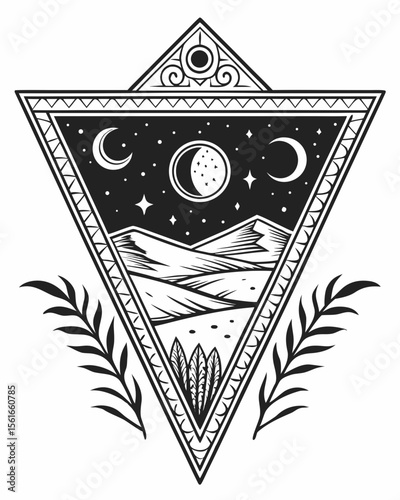 Mystical night landscape within a triangle with celestial bodies and foliage