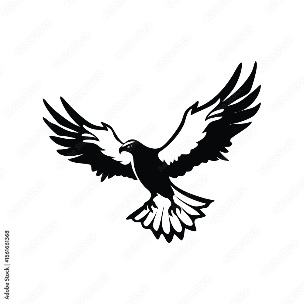 Naklejka premium Majestic black and white eagle in flight, perfect for emblems, tattoos, or nature art. Striking, detailed design with spread wings