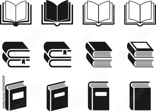 Collection of twelve black and white book icons representing different styles and orientations