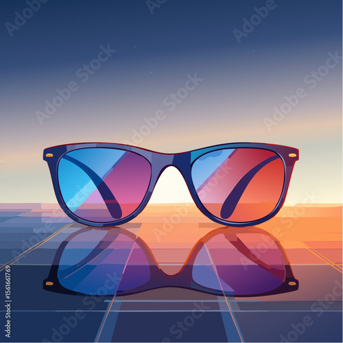 High-fashion concept photo of futuristic sunglasses on a neon-lit surface