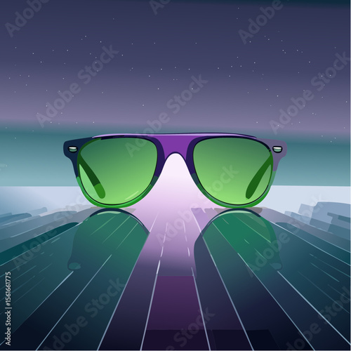 High-fashion concept photo of futuristic sunglasses on a neon-lit surface