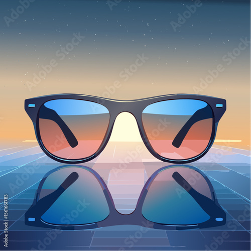 High-fashion concept photo of futuristic sunglasses on a neon-lit surface