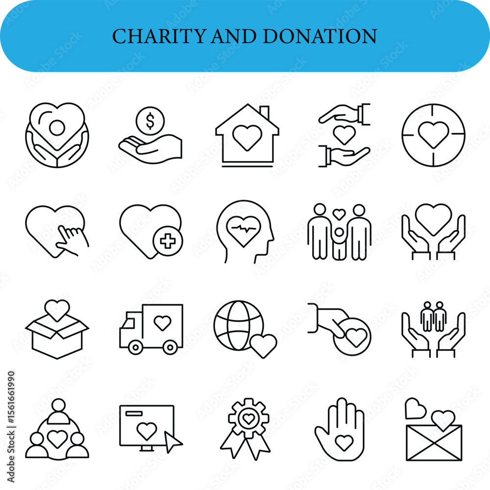 Fototapeta premium Set of icons related to charity and donation, depicted in thin black lines. Volunteering and donation icons for web and mobile app. Help, caring, solidarity, alms, donate, volunteer, care, charity 