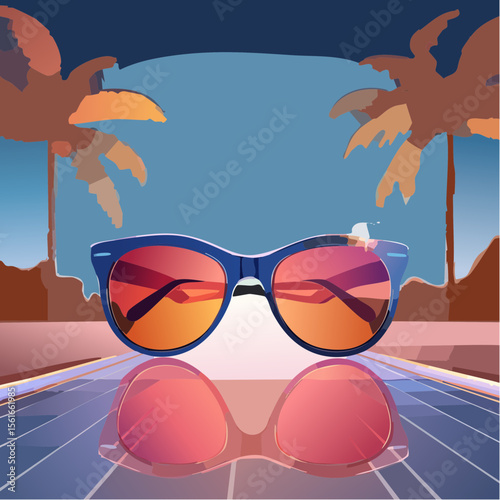 High-fashion concept photo of futuristic sunglasses on a neon-lit surface