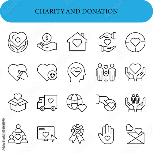 Set of icons related to charity and donation, depicted in thin black lines. Volunteering and donation icons for web and mobile app. Help, caring, solidarity, alms, donate, volunteer, care, charity 