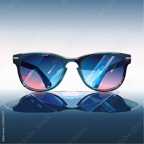 High-fashion concept photo of futuristic sunglasses on a neon-lit surface