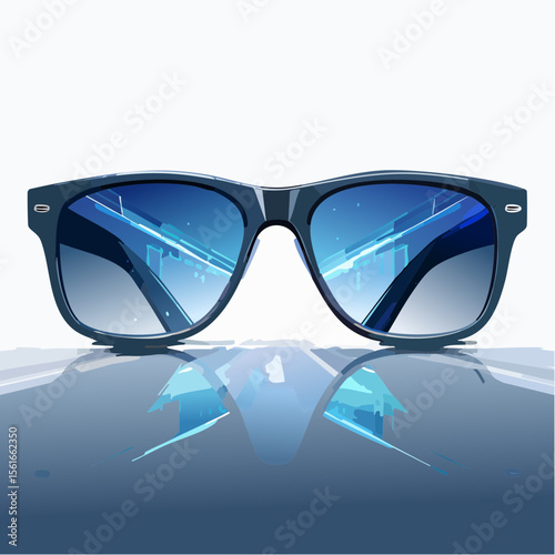 High-fashion concept photo of futuristic sunglasses on a neon-lit surface