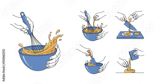 Illustrations depicting culinary preparation steps showcasing whisking chopping mixing and pouring actions in a kitchen environment