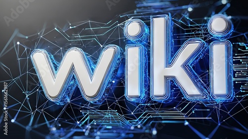 Digital graphic representing the word wiki with interconnected technology network background.