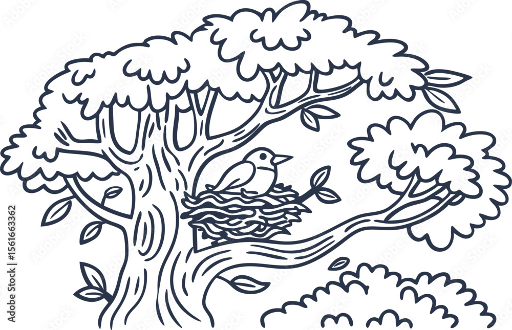 Fototapeta premium Bird sitting in nest on tree branch, hand drawn nature outline wildlife, forest ecosystem, spring season illustration