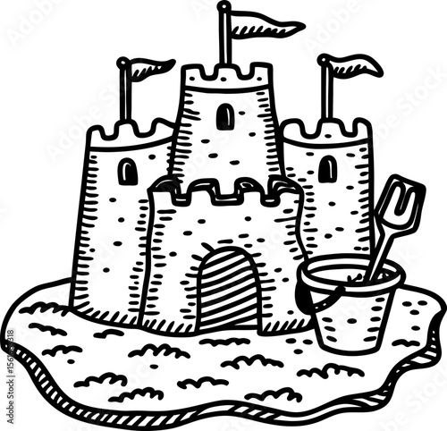 Sandcastle with bucket and spade hand drawn summer beach scene, playful seaside fun, childhood vacation activity