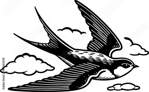 Flying swallow bird illustration, black and white vintage style, clouds in sky, classic tattoo design