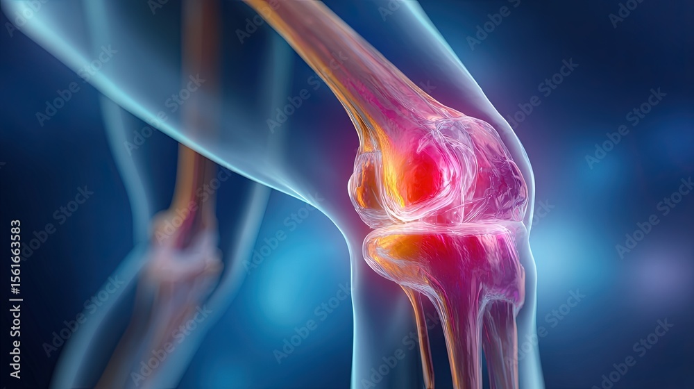 Fototapeta premium Highly detailed medical illustration of human knee joint showing cartilage bones ligaments and synovial fluid in a realistic style.