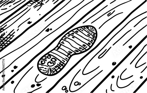 Footprint on wooden floor single shoeprint mark, wood planks texture, black and white illustration, evidence trace