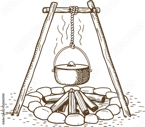 Iron pot hanging over campfire with wooden tripod and stones outdoor cooking, rustic wilderness meal preparation