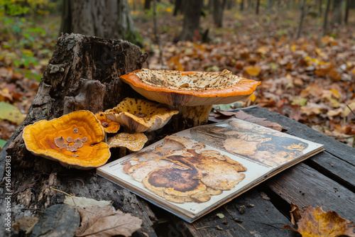 Mushrooms and identification book on autumn forest floor
