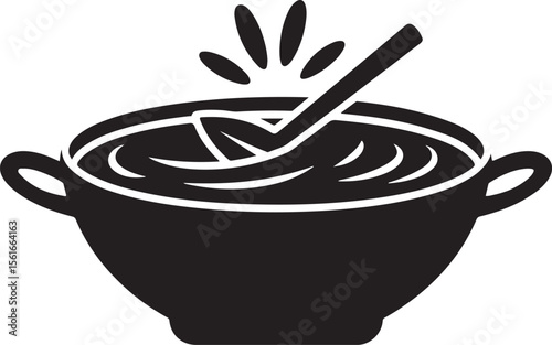 Minimalist black silhouette of mulligatawny soup bowl with curry broth and rice