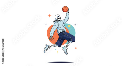 Skeleton player performing a slam dunk in a basketball game with a vintage pixel art style