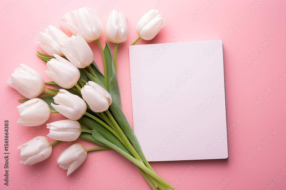 Fototapeta premium White blank notebook with tulip flowers