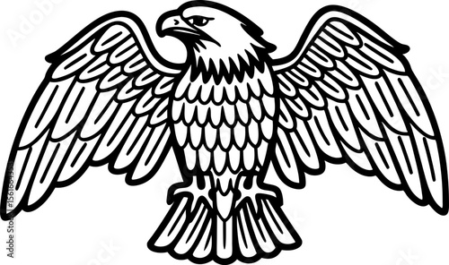 Majestic eagle outline with wings spread wide, detailed feathers and fierce expression, black and white illustration
