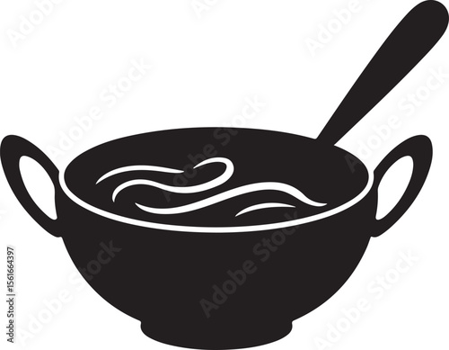 Minimalist black silhouette of mulligatawny soup bowl with curry broth and rice