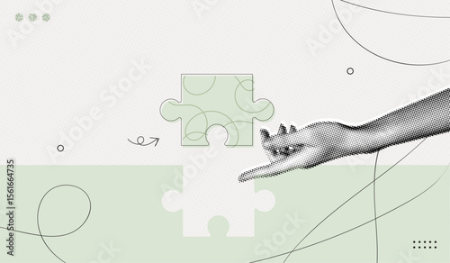 Trendy Halftone Collage Hand connecting puzzle piece together. Teamwork concept. Business idea and solution. Partnership relationship. New startup. Career development. Vector contemporary art