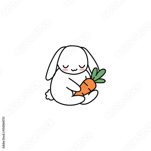 An icon of a cute white cartoon rabbit happily eating a carrot, symbolizing healthy eating, innocence, and a love for vegetables.