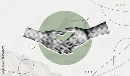 Trendy Halftone Collage with Human Hands Shaking. Contemporary art collage. Concept of business, success, teamwork. Deal agreement. Partners work together. Cooperation concept. Paper design elements