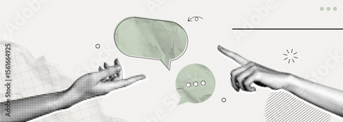 Trendy Halftone Collage Hands with speech bubble messages. Social media communication. Talk together. Discussion and feedback. Dialogue banner. Paper texture. Contemporary vector illustration art