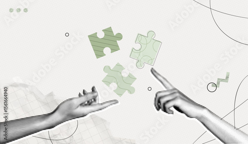 Trendy Halftone Collage Two Hands with puzzle pieces. Teamwork concept. Business idea and solution. Partnership relationship. New startup. Career development. Contemporary vector illustration art