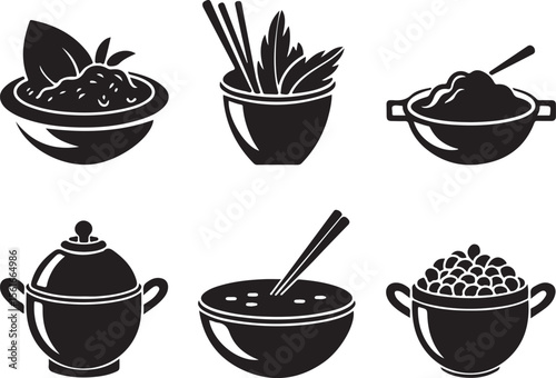 Minimalist black silhouette of mulligatawny soup bowl with curry broth and rice